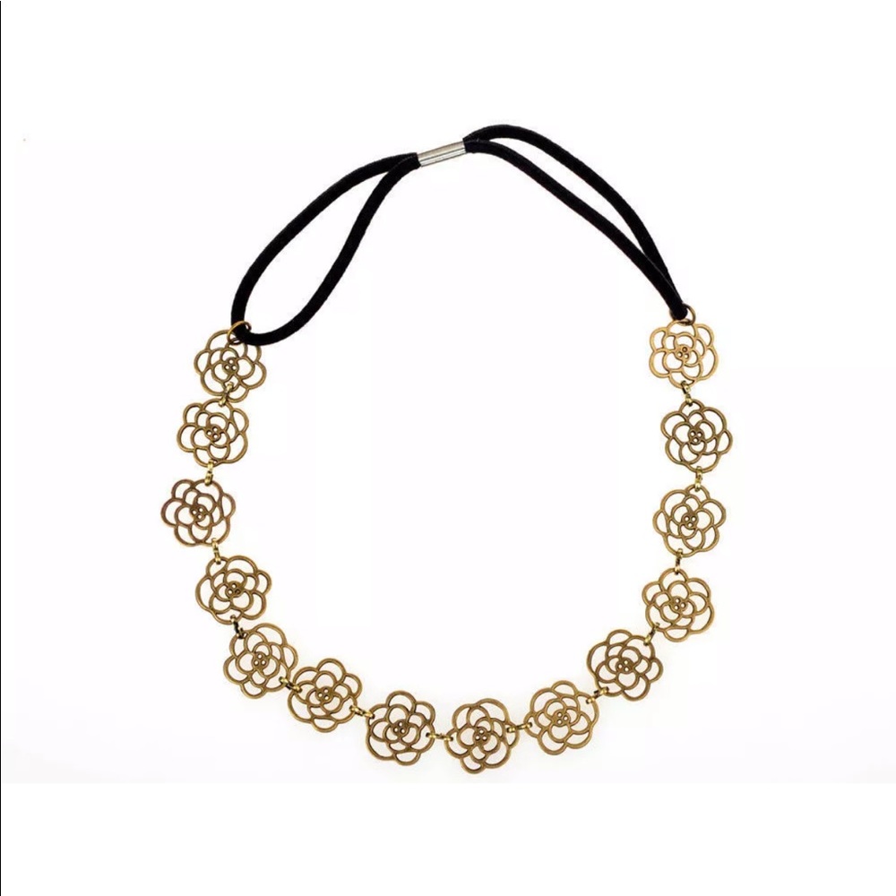 Gold Toned Rose Flower Elastic Headband
